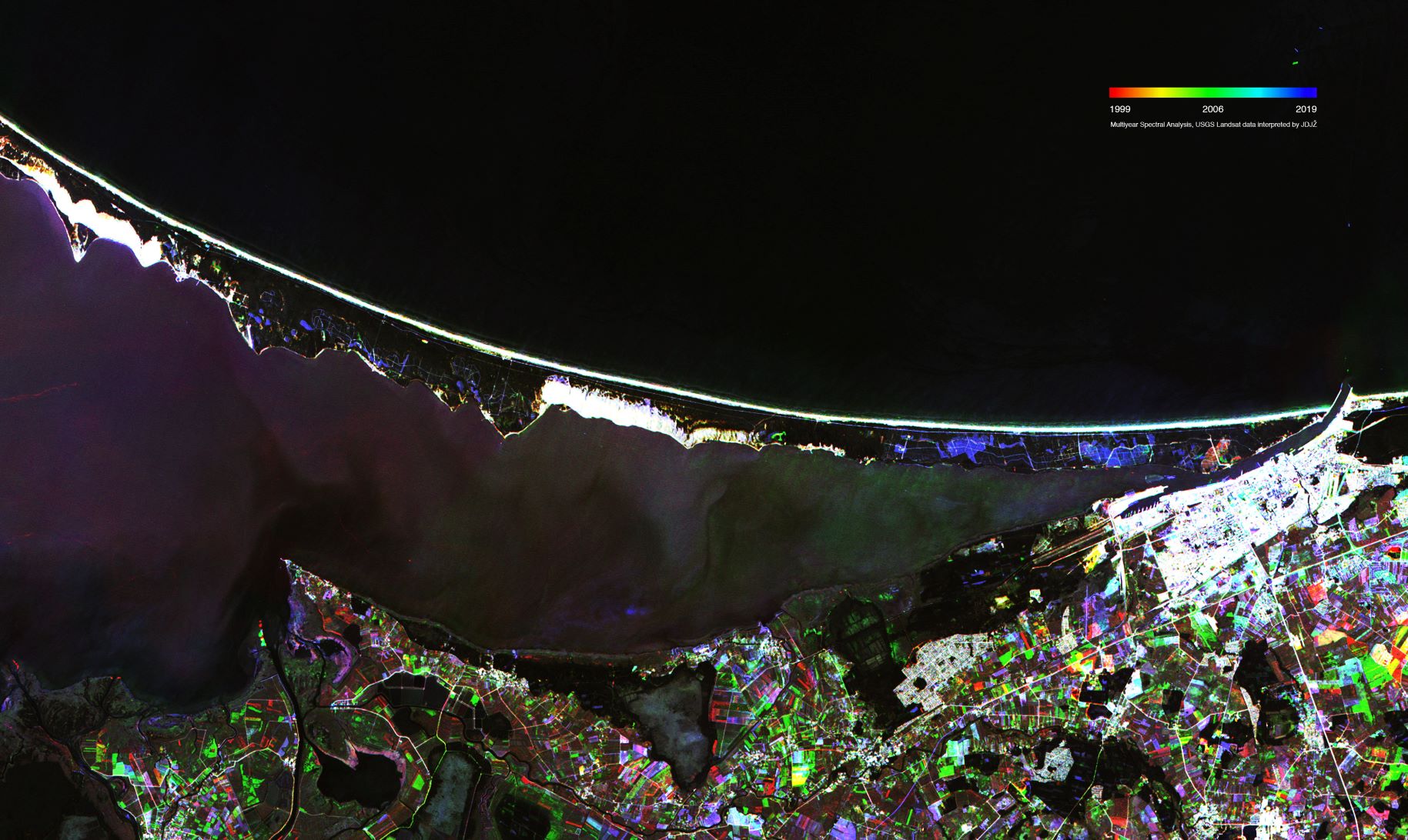 Lithuanian part of Curonian Spit R1999 G2006 B2019 Multiyear Spectral Analysis USGS data interpreted by Jurga Daubaraitė Jonas Žukauskas